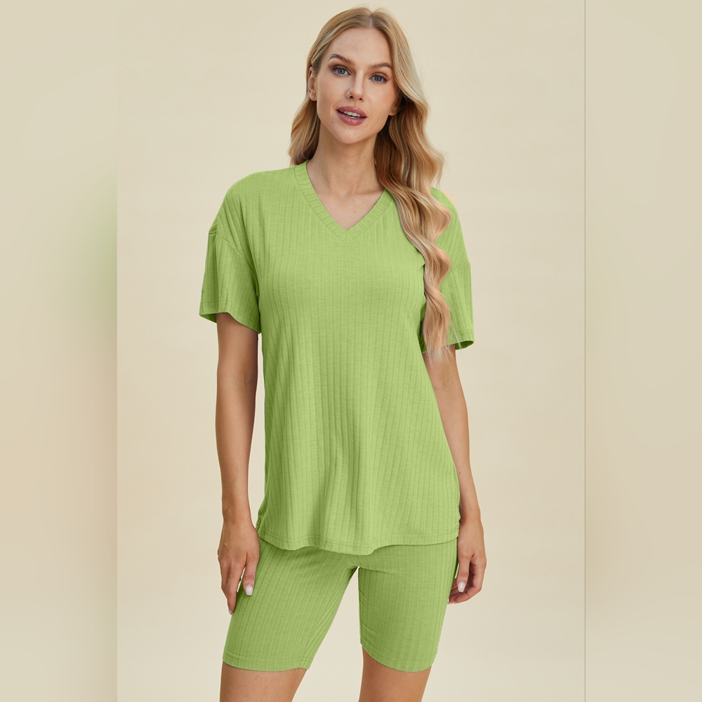 Basic Bae Full Size Ribbed V-Neck Short Sleeve Top and Shorts Set